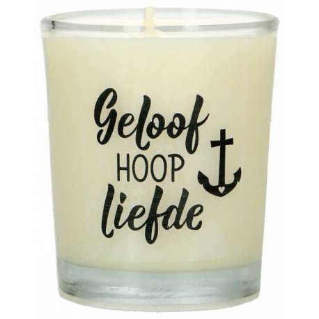 Bougie en verre 65 x 50 mm Geloof Hoop Liefde