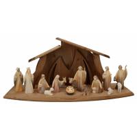 Crèche en bois Sculpté - 15 personnages couleurs aquarelles de 13 cm avec étable