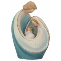 Sainte Famille en bois sculpté - 10 cm - blanc et bleu