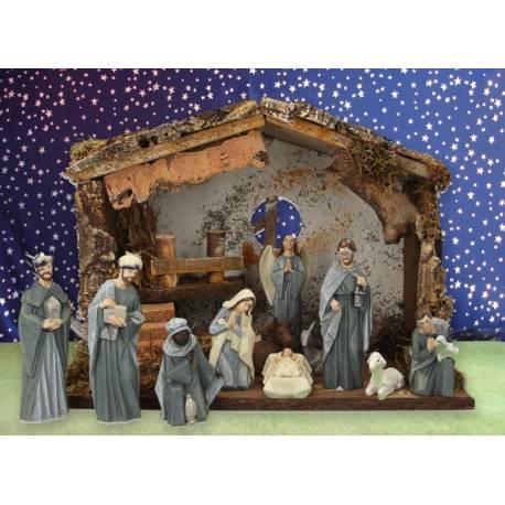 Crèche de Noël : cabane + 11 personnages de 12 cm (33x18x24cm)