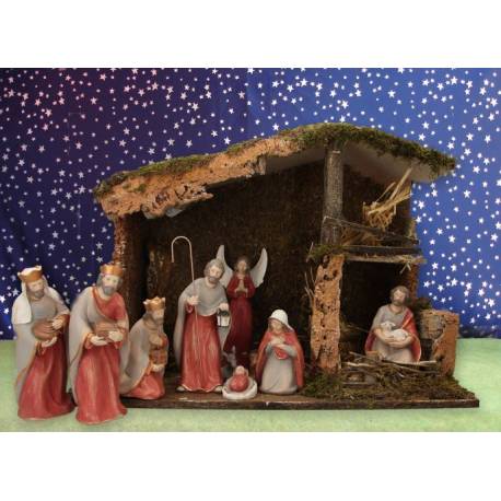 Crèche de Noël : cabane avec lumière + 11 personnages de 17 cm(50x23x35cm)