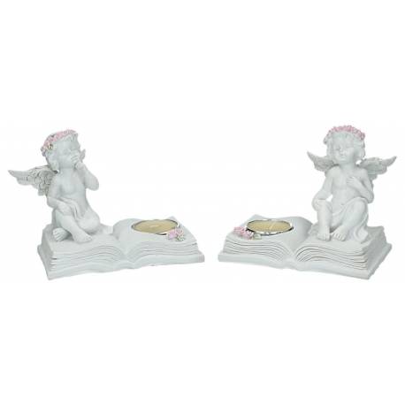 Engel op boek + tealight - 14 X H14 cm - 2 / set 