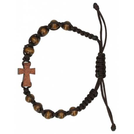 Armband op koord Hout donkerbruin + Kruisje 