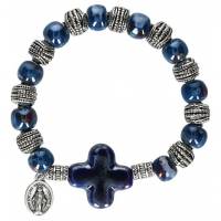 Armband/elastiek - glas - blauw - Wonderbare medaille 