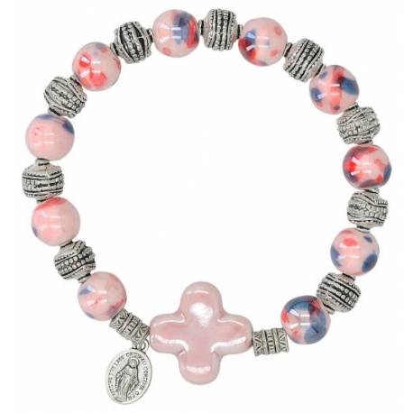 Armband/elastiek - glas - roze - Wonderbare medaille 