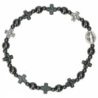 Bracelet sur élastique Hématite Croix + Méd. St Benoît