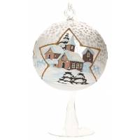 Boule de Noël blanche en verre sur pied + bougie - village enneigé