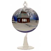 Boule de Noël bleue en verre sur pied + bougie - village enneigé