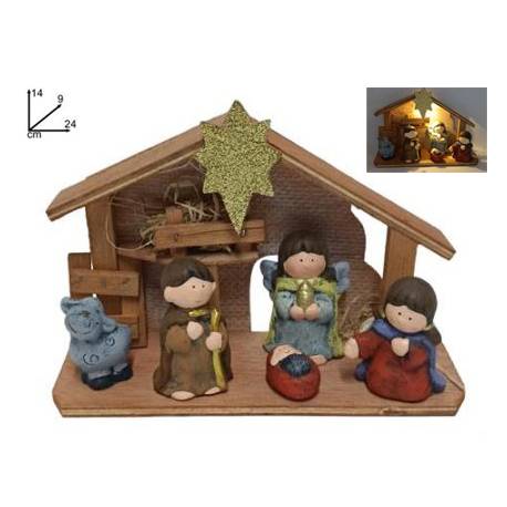 Crèche de Noël avec 5 personnages de 7 cm et lumière (24 X 9 X 14 cm)