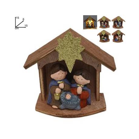 Crèche de Noël avec 3 personnages de 7 cm et lumière (24 X 9 X 14 cm) - 4 modèles assortis