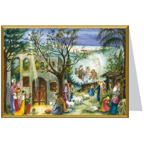 Carte de Noël double traditionnelle avec crèche de Noël + enveloppe