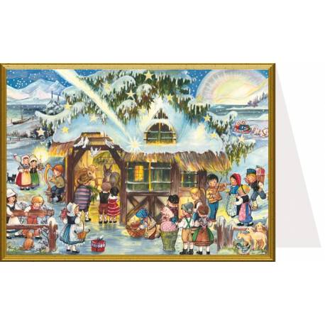 Carte de Noël double traditionnelle avec la crèche + enveloppe