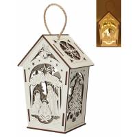 Houten witte lantaarn met kerststal 17 cm + licht 