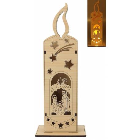 Houten kaars met kerststal + licht 23 cm 