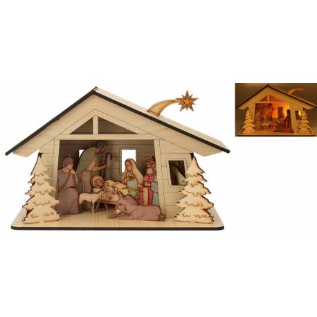 Houten kerststal + licht 10x20x10 cm 