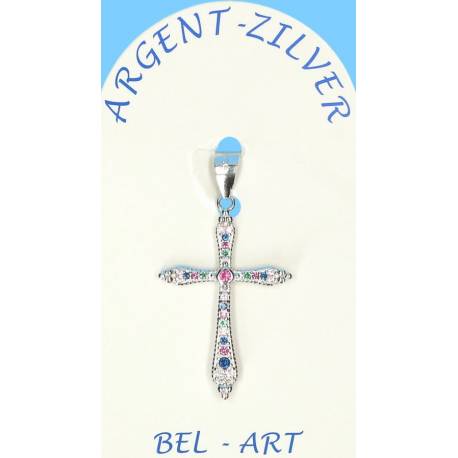 Pendentif croix argent avec zircons multicolores 25 x18 mm