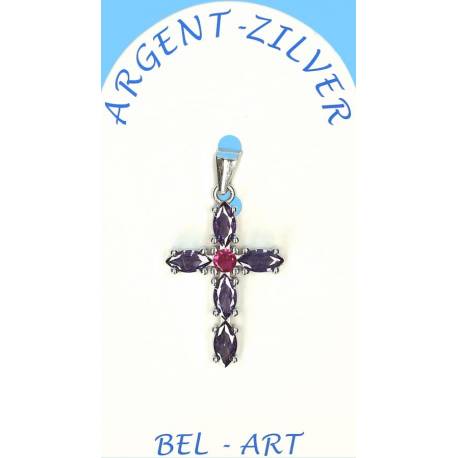 Pendentif croix argent avec zircons mauves 23 x15 mm