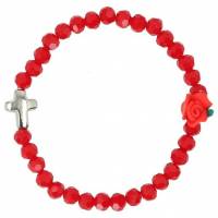 Armband op elastiek Rood + Roos + Kruisje metaal 