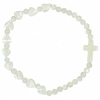 Bracelet sur élastique coeurs-grains-croix NACRE