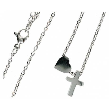 Collier en acier inoxydable avec croix et coeur