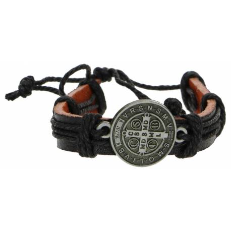 Armband zwart leder/koord - medaille H Benedictus 