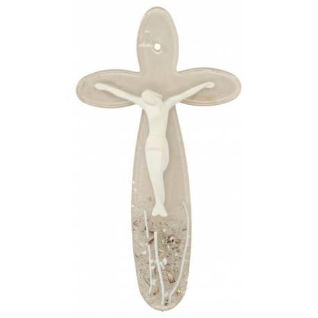 Croix murale en verre 16 cm blanc et beige avec Christ blanc