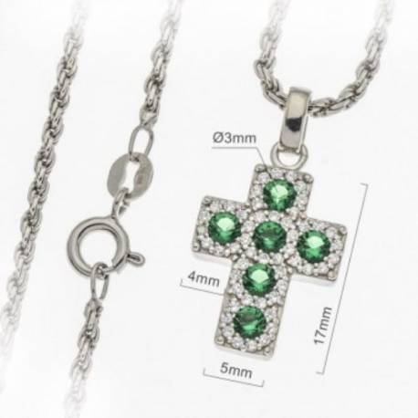 Kruisje 17 mm zilver met rhodium groene zirkonen en ketting 